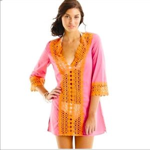 Mud Pie Boutique Nora Crochet Tunic Beach Swim Cover Up Pink Orange Small 4 6
